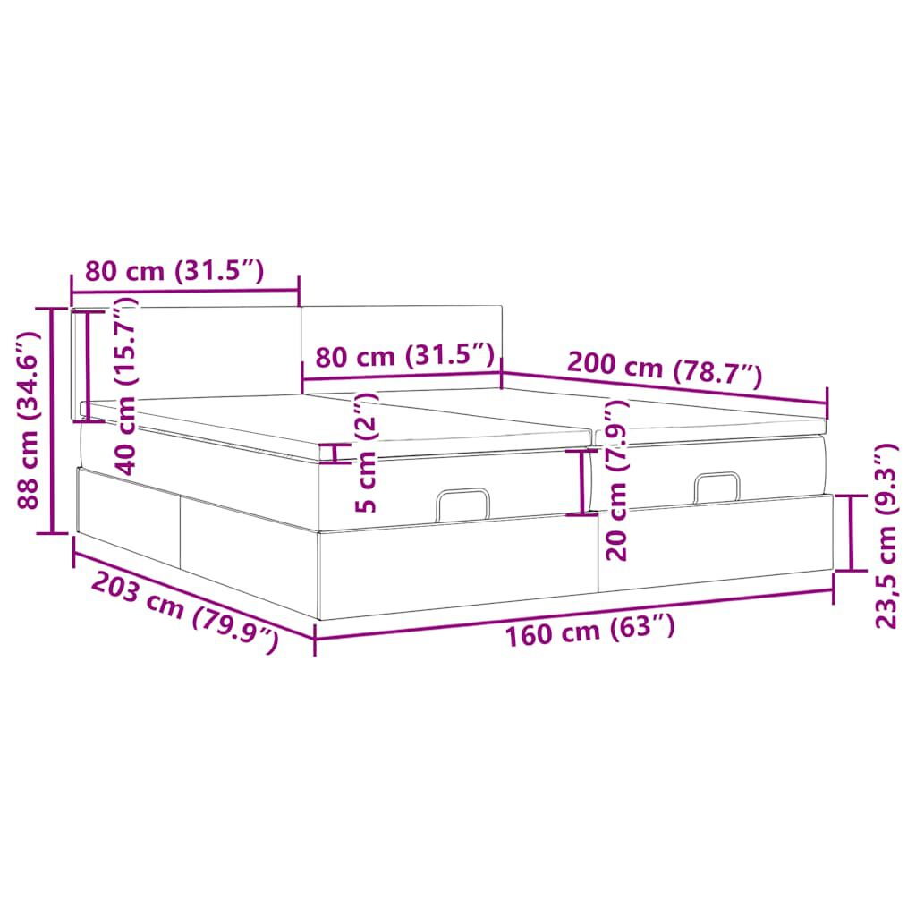 vidaXL Ottomani voodiraam madratsitega, must, 160x200 cm, samet