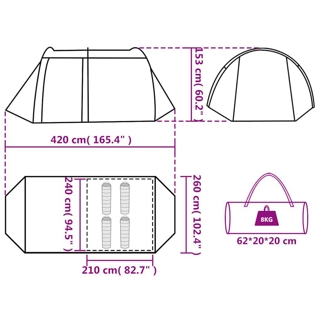 vidaXL matkatelk 4 inimesele, tunnel, roheline, veekindel